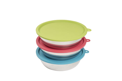 Messy Mutts Three Stainless Steel Three Dog Bowls & Three Silicone Lids | 6pc Set