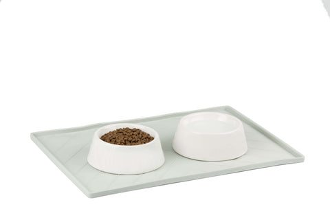 Messy Mutts Silicone Non-Slip Bowl Mat with Raised Edge - 2 Sides Reinforced with Metal Rods | Light Gray