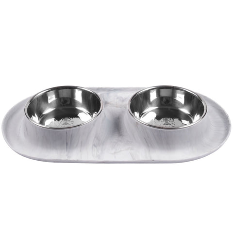 Messy Mutts Double Silicone Feeder with Stainless Bowls | Marble
