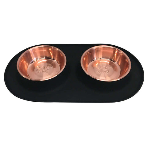 Messy Mutts Double Silicone Feeder with Copper Color Stainless Steel Bowls | Black