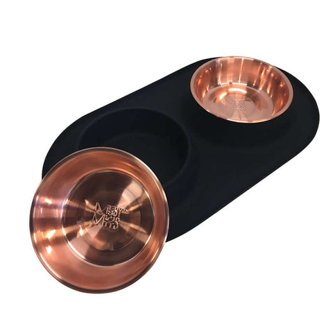 Messy Mutts Double Silicone Feeder with Copper Color Stainless Steel Bowls | Black