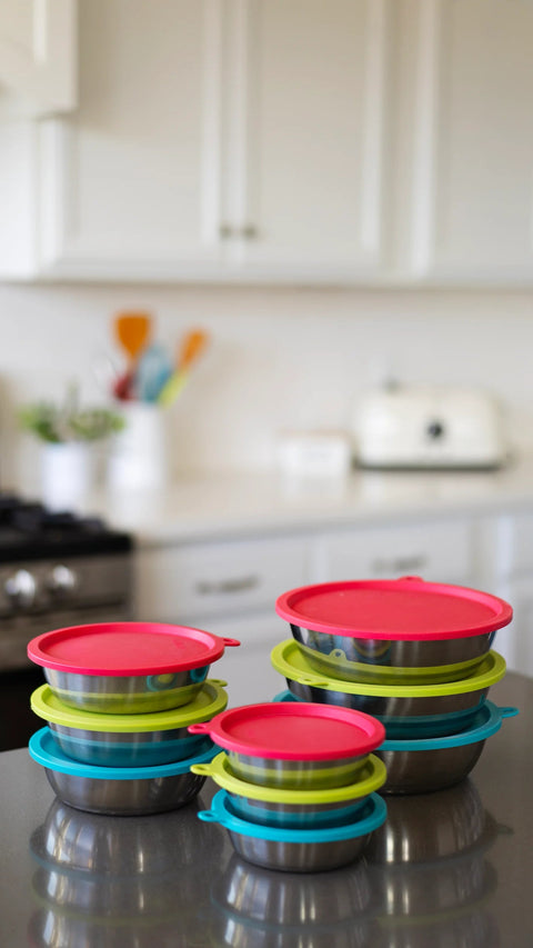 Messy Mutts Three Stainless Steel Three Dog Bowls & Three Silicone Lids | 6pc Set