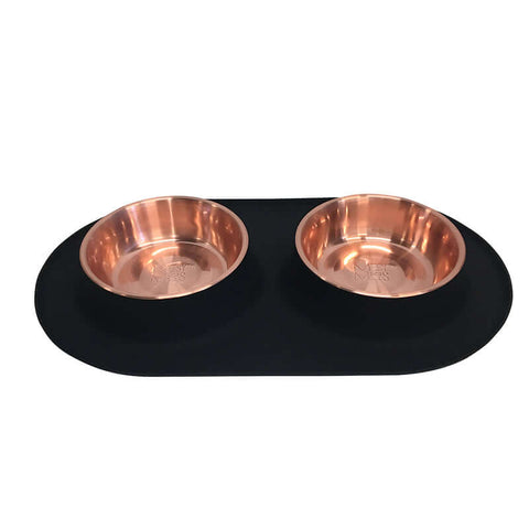 Messy Mutts Double Silicone Feeder with Copper Color Stainless Steel Bowls | Black