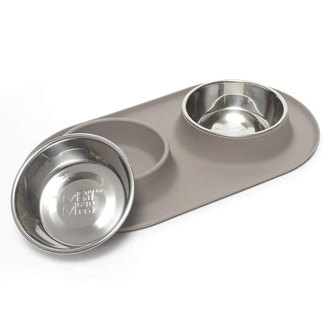Messy Mutts Double Silicone Feeder with Stainless Bowls | Grey