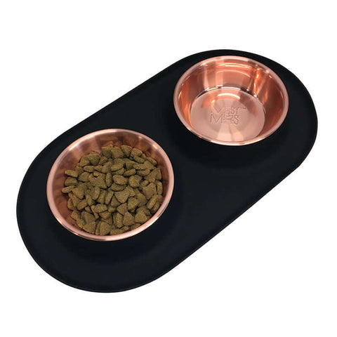 Messy Mutts Double Silicone Feeder with Copper Color Stainless Steel Bowls | Black