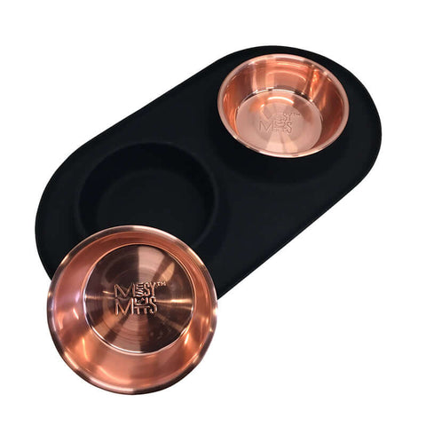 Messy Mutts Double Silicone Feeder with Copper Color Stainless Steel Bowls | Black