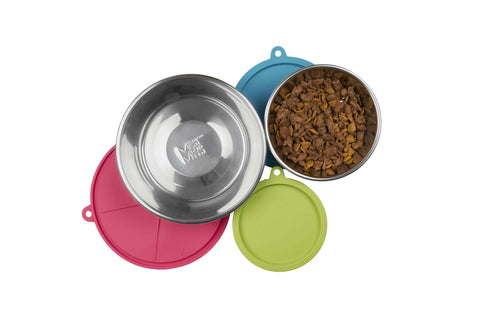 Messy Mutts Three Stainless Steel Three Dog Bowls & Three Silicone Lids | 6pc Set