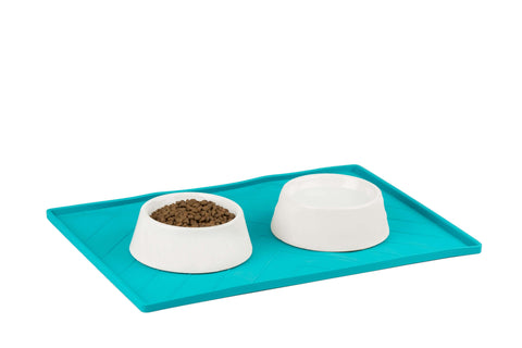 Messy Mutts Silicone Non-Slip Bowl Mat with Raised Edge - 2 Sides Reinforced with Metal Rods | Blue