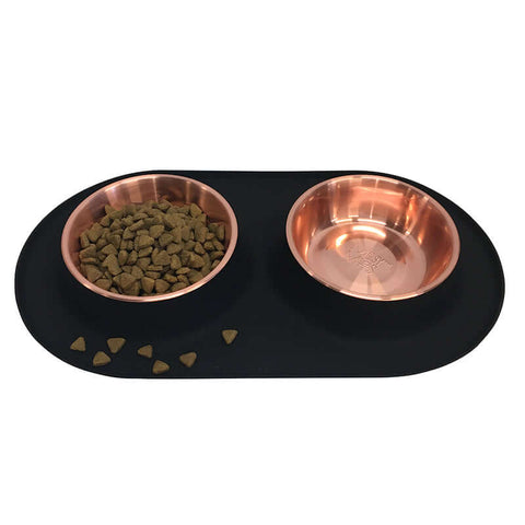Messy Mutts Double Silicone Feeder with Copper Color Stainless Steel Bowls | Black
