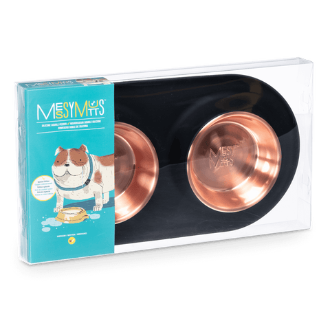 Messy Mutts Double Silicone Feeder with Copper Color Stainless Steel Bowls | Black
