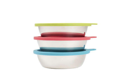 Messy Mutts Three Stainless Steel Three Dog Bowls & Three Silicone Lids | 6pc Set