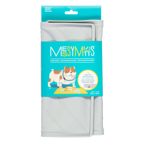 Messy Mutts Silicone Non-Slip Bowl Mat with Raised Edge - 2 Sides Reinforced with Metal Rods | Light Gray