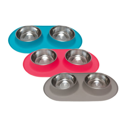 Messy Mutts Double Silicone Feeder with Stainless Bowls | Watermelon