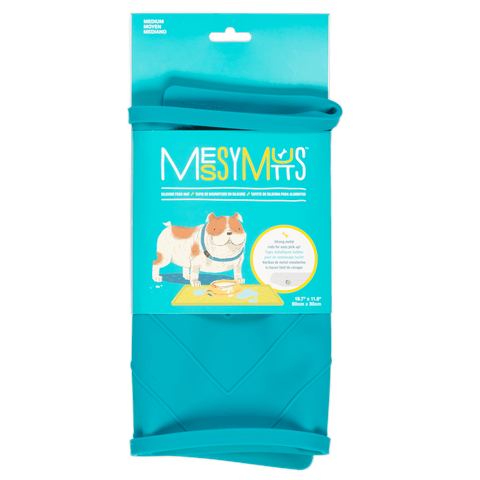 Messy Mutts Silicone Non-Slip Bowl Mat with Raised Edge - 2 Sides Reinforced with Metal Rods | Blue